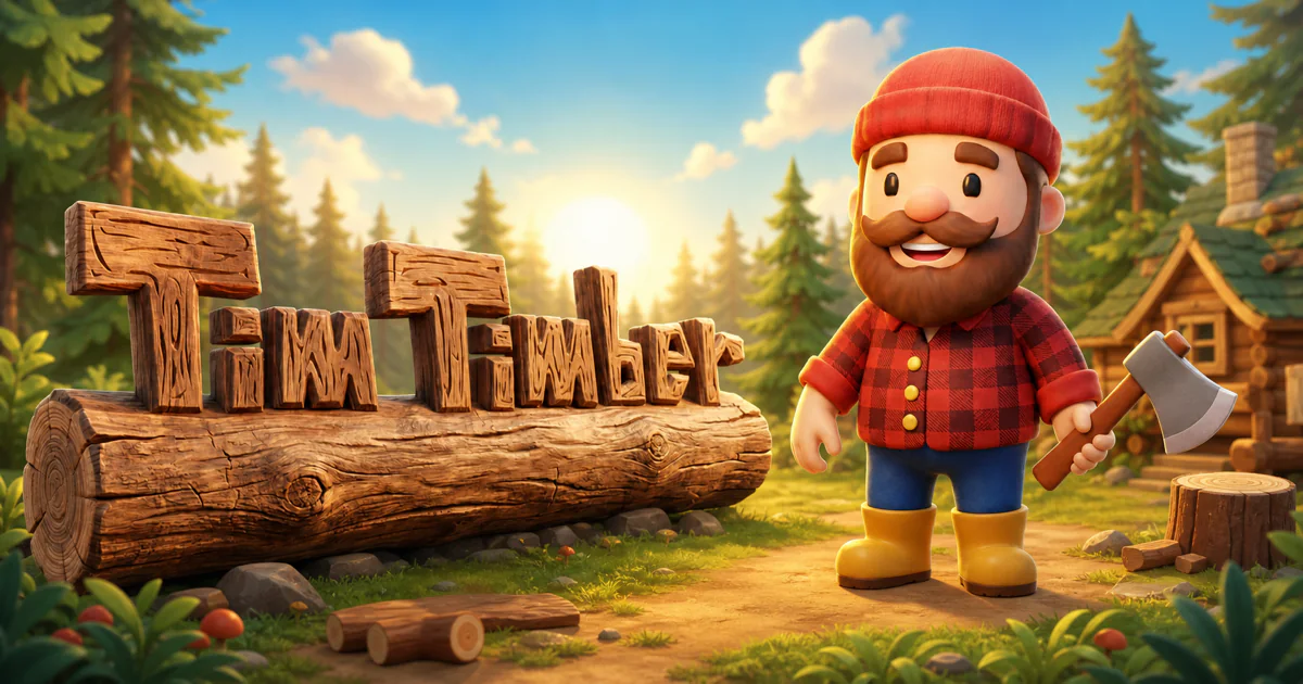 Tim, il boscaiolo di TimTimber, accanto al logo in legno in una foresta illuminata dall'alba